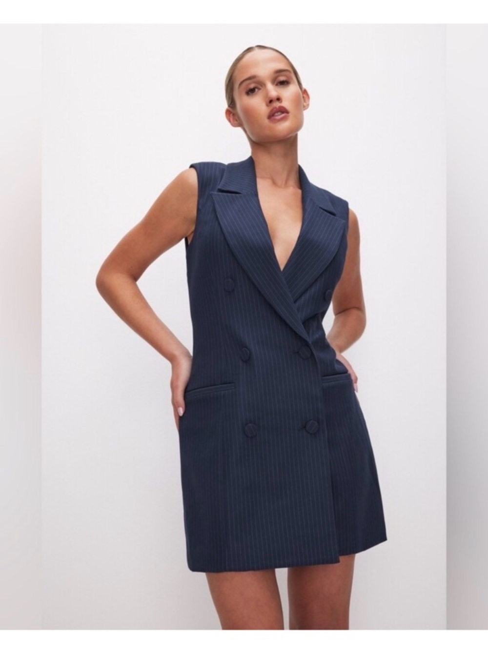 Good American Navy Pinstripe Sleeveless Blazer Dress